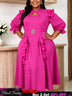 AOMEIDRESS Chiffon Dress Cut Out Neck 3/4 Ruffles Puff Sleeves Belt - Rose / L