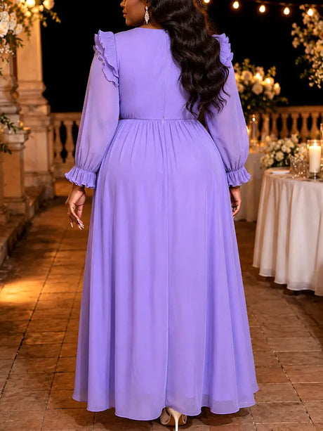 AOMEIDRESS Chiffon Dress V Neck Puff Long Sleeve Ruffled Flowy Hem