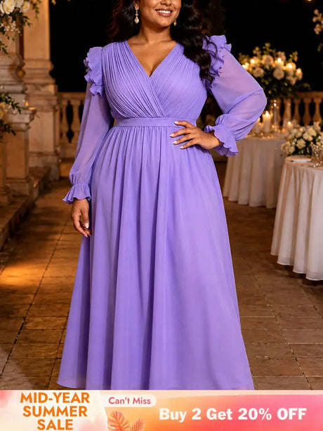 AOMEIDRESS Chiffon Dress V Neck Puff Long Sleeve Ruffled Flowy Hem - Lavender / L