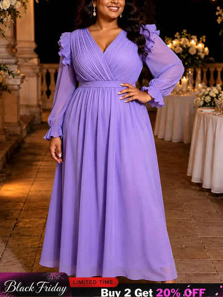 AOMEIDRESS Chiffon Dress V Neck Puff Long Sleeve Ruffled Flowy Hem - Lavender / L