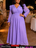 AOMEIDRESS Chiffon Dress V Neck Puff Long Sleeve Ruffled Flowy Hem - Lavender / L