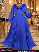 AOMEIDRESS Chiffon Dress V Neck Ruffle Long Sleeve Pleated Rhinestone
