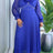 AOMEIDRESS Chiffon Dress V Neck Ruffle Long Sleeve Pleated Rhinestone - Blue / L