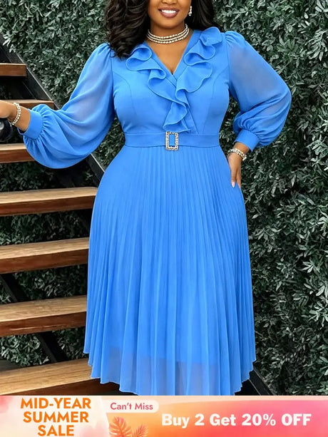 AOMEIDRESS Chiffon Plated A Line Dresses Ruffled V Neck Puff Sleeve - LightBlue / L