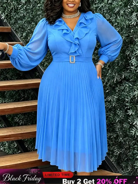 AOMEIDRESS Chiffon Plated A Line Dresses Ruffled V Neck Puff Sleeve - LightBlue / L