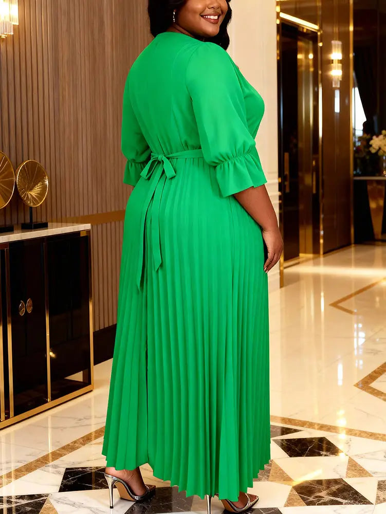 AOMEIDRESS Chiffon Pleated Dress with Layered Ruffles 3D Flower Belt