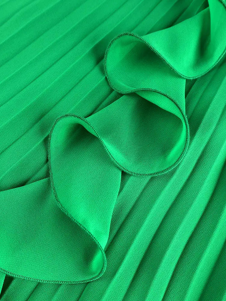 AOMEIDRESS Chiffon Pleated Dress with Layered Ruffles 3D Flower Belt