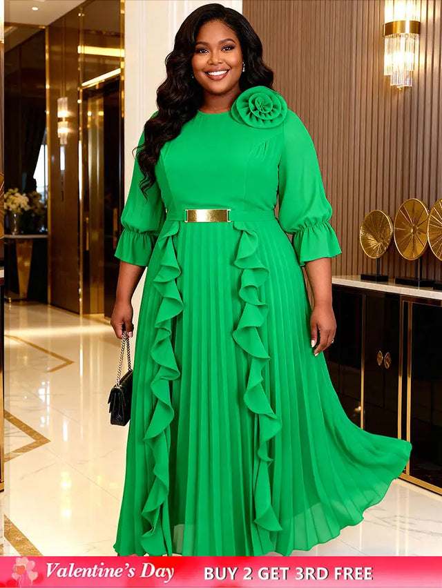 AOMEIDRESS Chiffon Pleated Dress with Layered Ruffles 3D Flower Belt Green / M