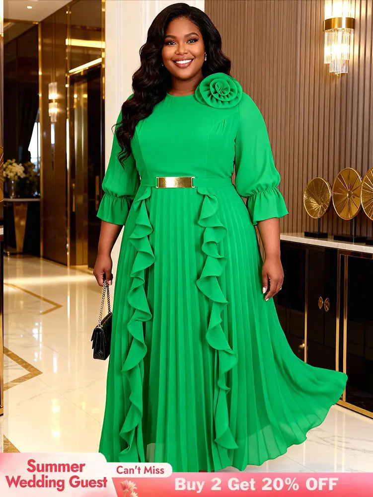 AOMEIDRESS Chiffon Pleated Dress with Layered Ruffles 3D Flower Belt Green / M