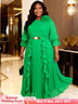 AOMEIDRESS Chiffon Pleated Dress with Layered Ruffles 3D Flower Belt Green / M