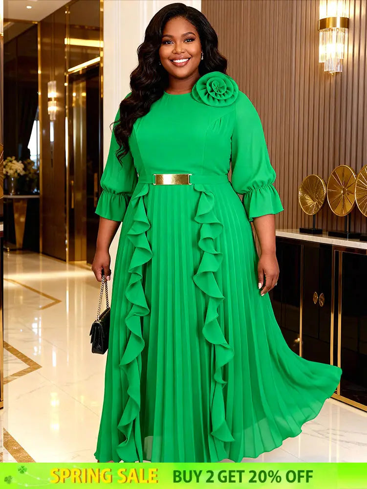 AOMEIDRESS Chiffon Pleated Dress with Layered Ruffles 3D Flower Belt Green / M