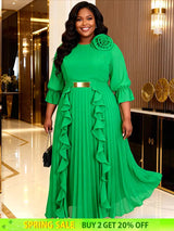 AOMEIDRESS Chiffon Pleated Dress with Layered Ruffles 3D Flower Belt Green / M