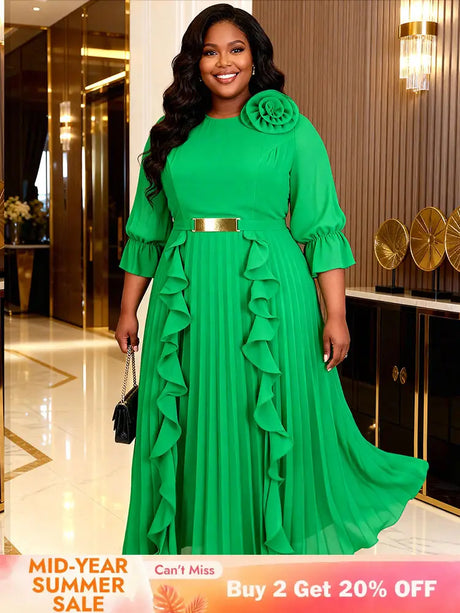 AOMEIDRESS Chiffon Pleated Dress with Layered Ruffles 3D Flower Belt Green / M