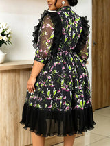 AOMEIDRESS Chiffon Printed Dress O Neck 3/4 Lantern Sleeves Ruffled