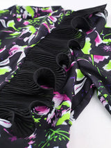 AOMEIDRESS Chiffon Printed Dress O Neck 3/4 Lantern Sleeves Ruffled
