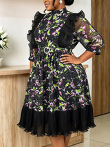 AOMEIDRESS Chiffon Printed Dress O Neck 3/4 Lantern Sleeves Ruffled