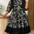 AOMEIDRESS Chiffon Printed Dress O Neck 3/4 Lantern Sleeves Ruffled - Black / L