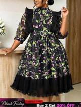 AOMEIDRESS Chiffon Printed Dress O Neck 3/4 Lantern Sleeves Ruffled - Black / L