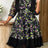 AOMEIDRESS Chiffon Printed Dress O Neck 3/4 Lantern Sleeves Ruffled - Black / L