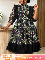 AOMEIDRESS Chiffon Printed Dress O Neck 3/4 Lantern Sleeves Ruffled - Black / L