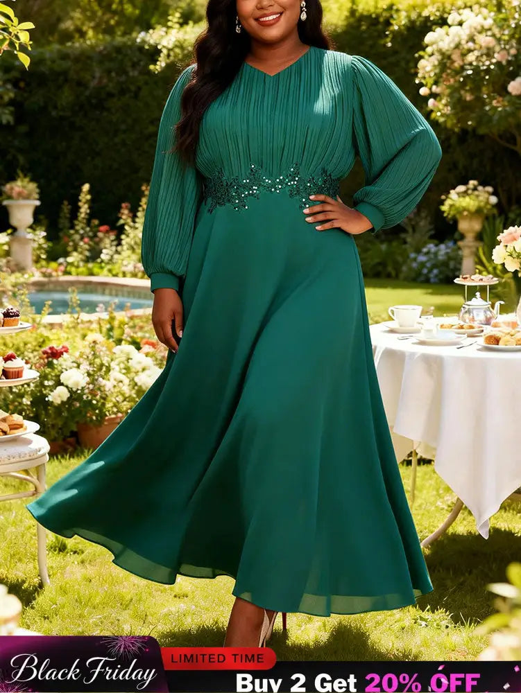 AOMEIDRESS Chiffon Wedding Guest Dress Sequin A Line Church Gowns Green / M