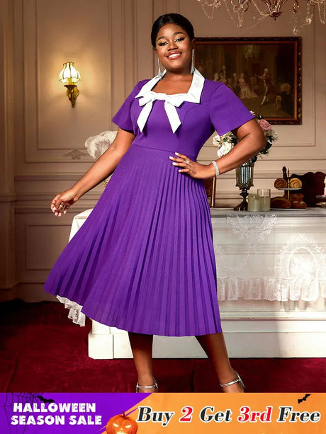 AOMEIDRESS Church A Line Dresses Short Sleeves Square Collar With Bow DarkPurple / 0XL