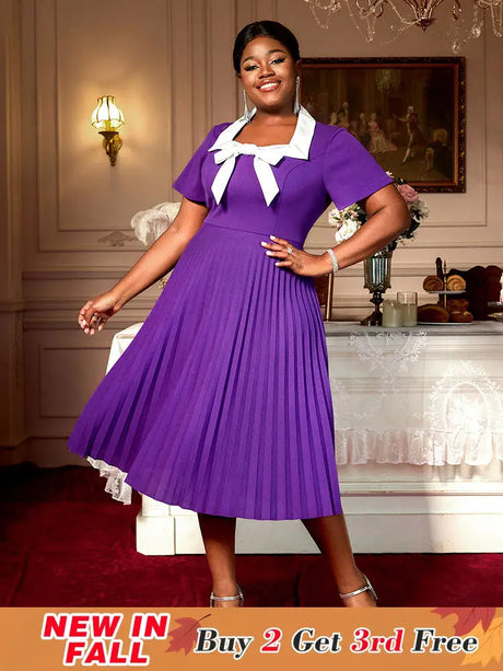 AOMEIDRESS Church A Line Dresses Short Sleeves Square Collar With Bow DarkPurple / 0XL