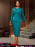 AOMEIDRESS Church Dress 3D Flower Beading Peplum Party Office Wear LakeGreen / S