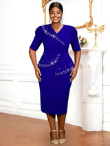 AOMEIDRESS Church Dress Beading Half Sleeves Peplum Gown for Women Blue / S