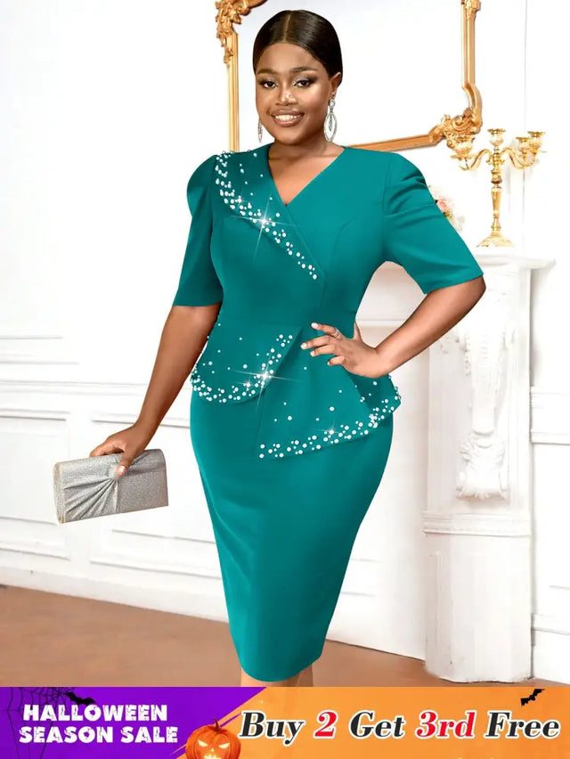 AOMEIDRESS Church Dress Beading Half Sleeves Peplum Gown for Women Green / S