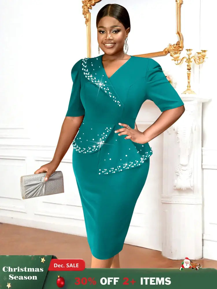 AOMEIDRESS Church Dress Beading Half Sleeves Peplum Gown for Women Green / S