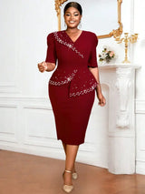 AOMEIDRESS Church Dress Beading Half Sleeves Peplum Gown for Women Wine / S