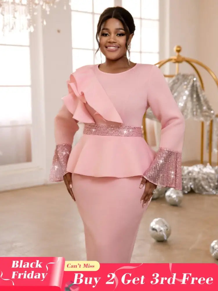 AOMEIDRESS Church Dresses Ruffles Long Flare Sleeves Sequined Peplum Pink / S