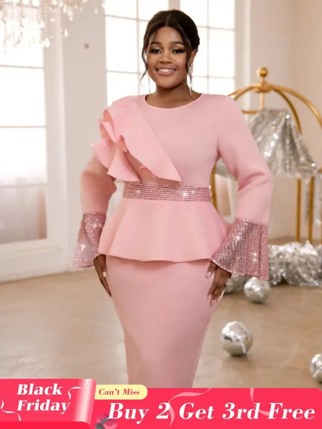 AOMEIDRESS Church Dresses Ruffles Long Flare Sleeves Sequined Peplum Pink / S