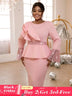 AOMEIDRESS Church Dresses Ruffles Long Flare Sleeves Sequined Peplum Pink / S