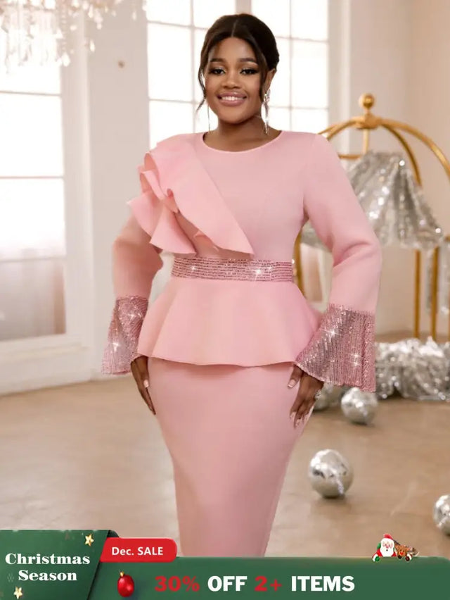 AOMEIDRESS Church Dresses Ruffles Long Flare Sleeves Sequined Peplum Pink / S