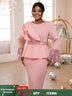 AOMEIDRESS Church Dresses Ruffles Long Flare Sleeves Sequined Peplum Pink / S