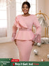 AOMEIDRESS Church Dresses Ruffles Long Flare Sleeves Sequined Peplum Pink / S