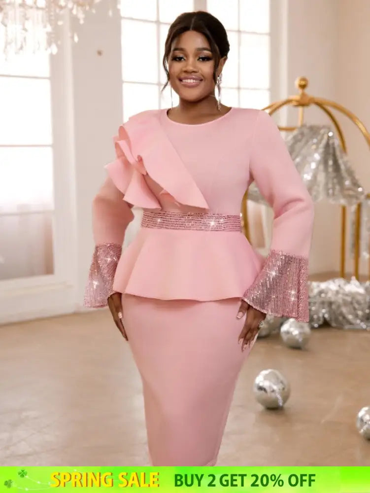 AOMEIDRESS Church Dresses Ruffles Long Flare Sleeves Sequined Peplum Pink / S