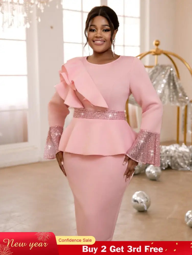 AOMEIDRESS Church Dresses Ruffles Long Flare Sleeves Sequined Peplum Pink / S
