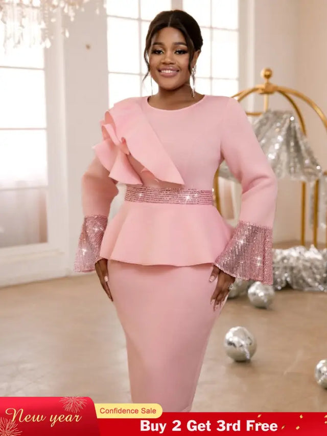 AOMEIDRESS Church Dresses Ruffles Long Flare Sleeves Sequined Peplum Pink / S