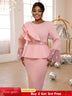 AOMEIDRESS Church Dresses Ruffles Long Flare Sleeves Sequined Peplum Pink / S