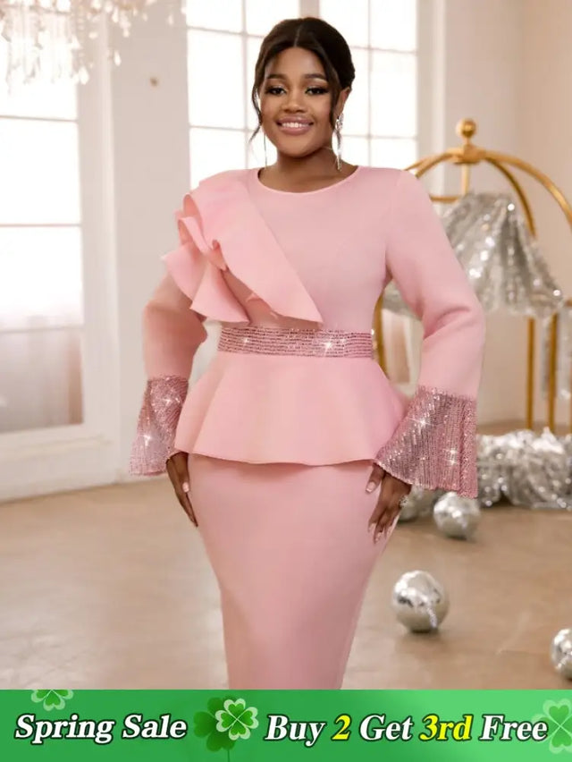 AOMEIDRESS Church Dresses Ruffles Long Flare Sleeves Sequined Peplum Pink / S