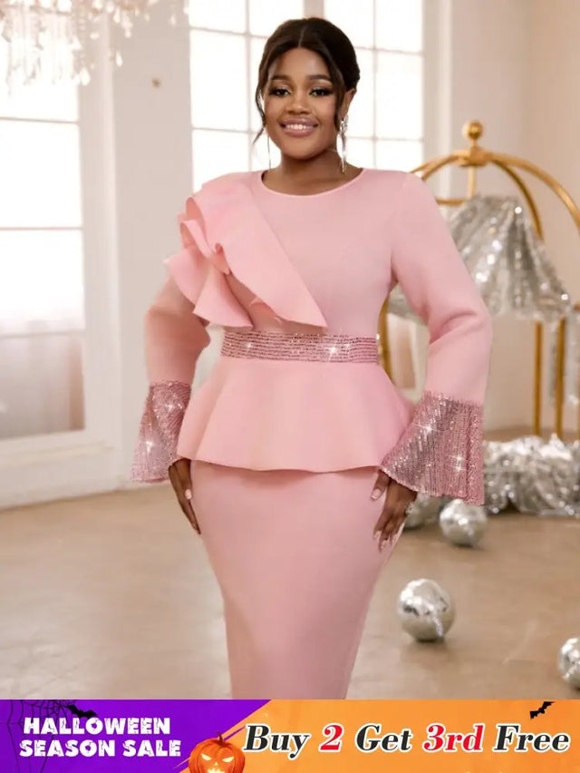 AOMEIDRESS Church Dresses Ruffles Long Flare Sleeves Sequined Peplum Pink / S