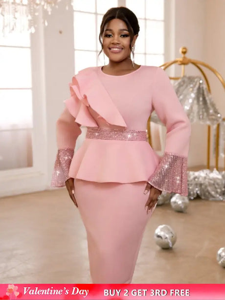 AOMEIDRESS Church Dresses Ruffles Long Flare Sleeves Sequined Peplum Pink / S