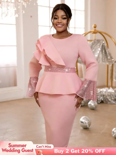 AOMEIDRESS Church Dresses Ruffles Long Flare Sleeves Sequined Peplum Pink / S