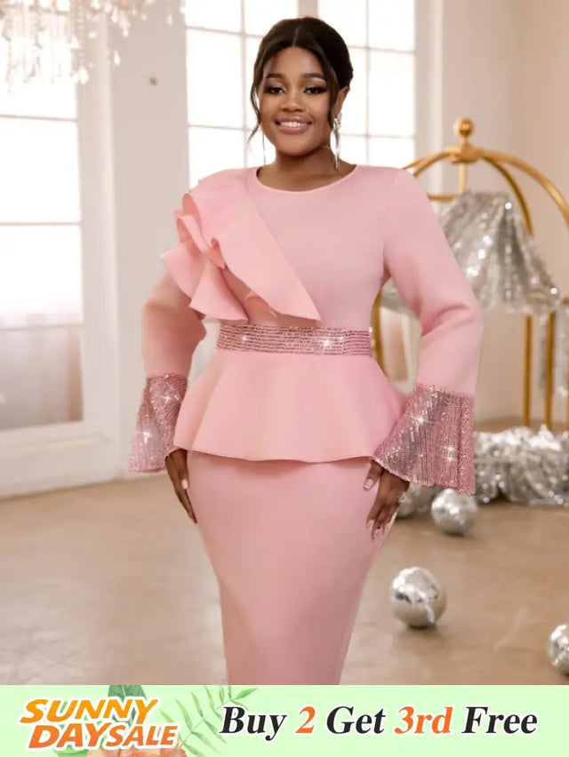 AOMEIDRESS Church Dresses Ruffles Long Flare Sleeves Sequined Peplum Pink / S