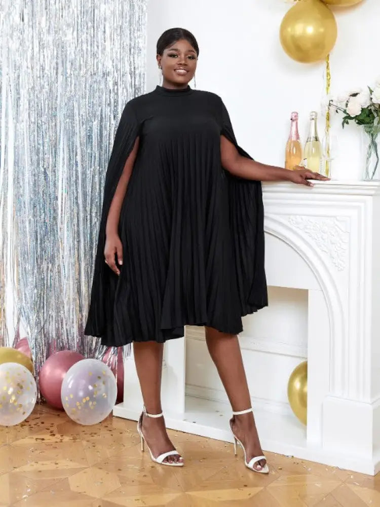 cape cloak sleeves midi dress plus size pleated dress