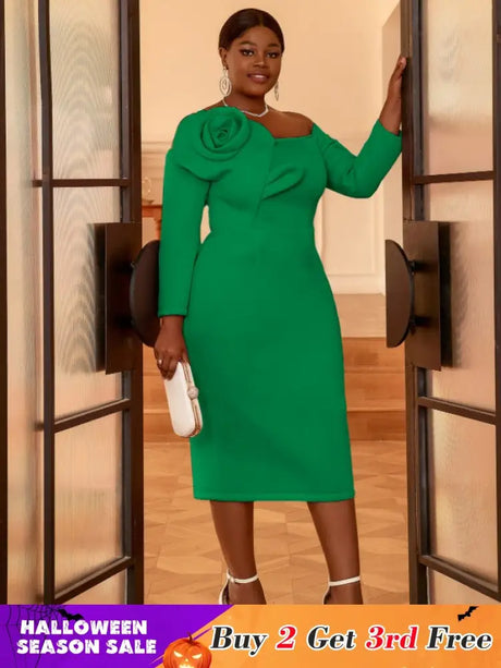 AOMEIDRESS Cold Shoulder Dress Long Sleeve Flower Appliques Bodycon Green / S