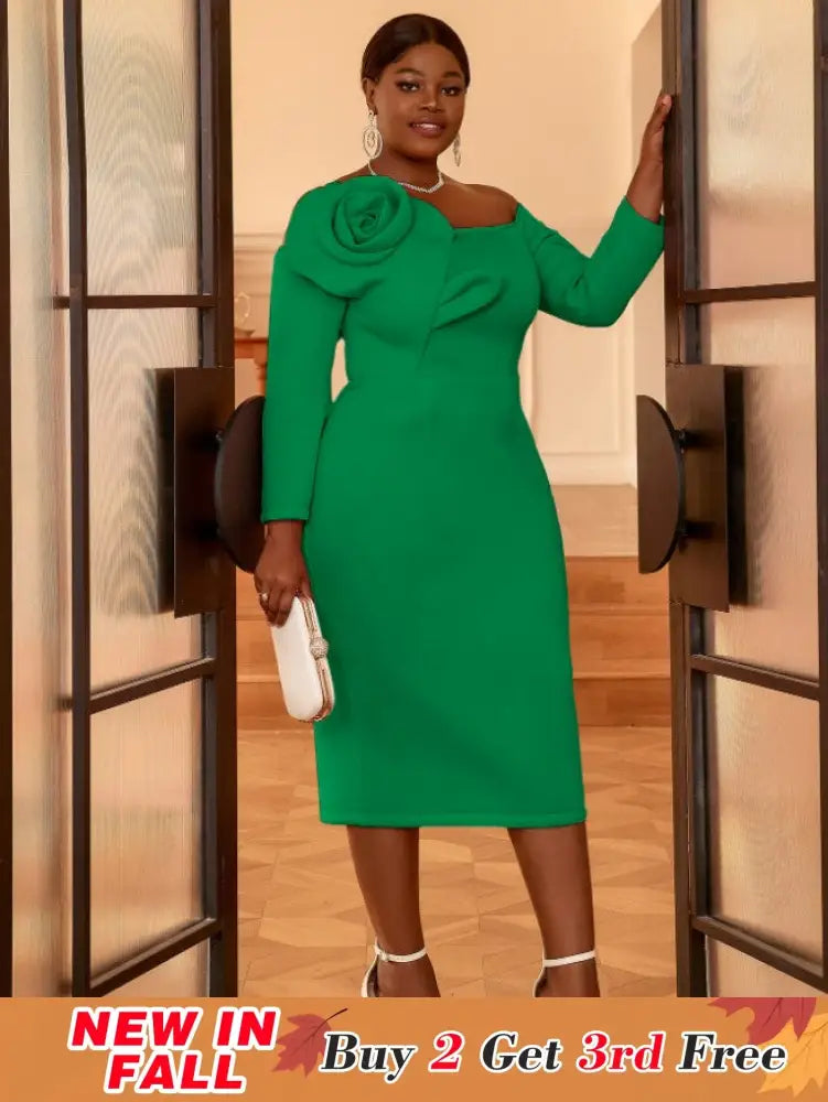 AOMEIDRESS Cold Shoulder Dress Long Sleeve Flower Appliques Bodycon Green / S